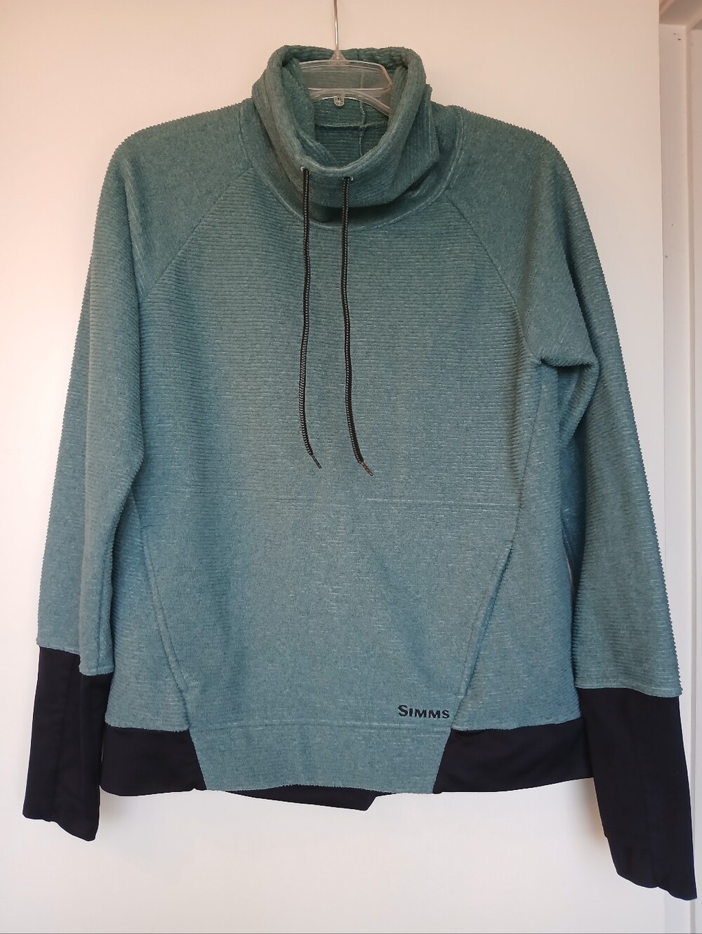 Simms Rivershed Sweater Cowl Drawstring Neck Teal Green Size Medium